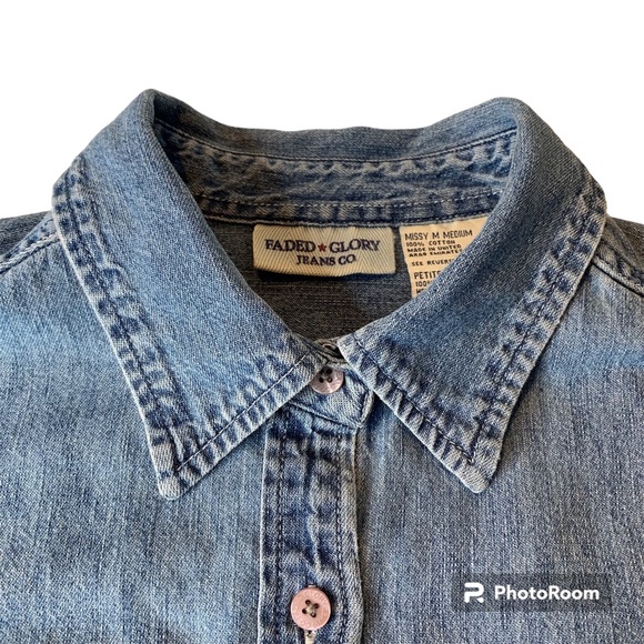 Vintage Faded Glory Patriotic Womens M Petite Denim Button Up Short Sleeve Shirt - Picture 5 of 8